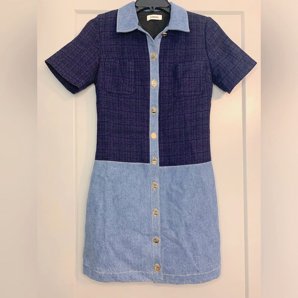 Sandro Brooke Mixed Media Shirt Dress Size US 2 / FR 34 Blue Tweed and Denim - Picture 4 of 16